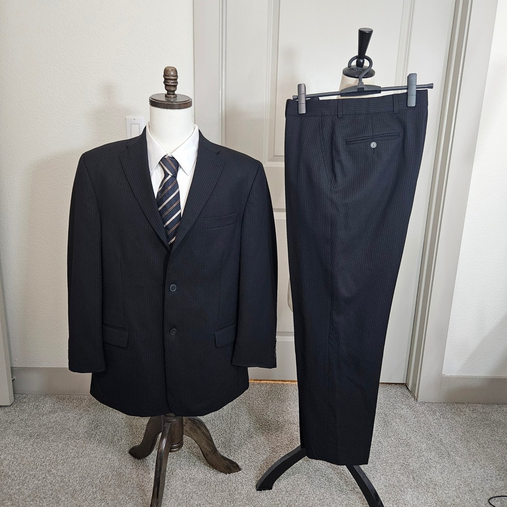 Perry Ellis Portfolio Mens 42R Black Pinstripe 100% Wool 2PCS Suit 32x29 Pants